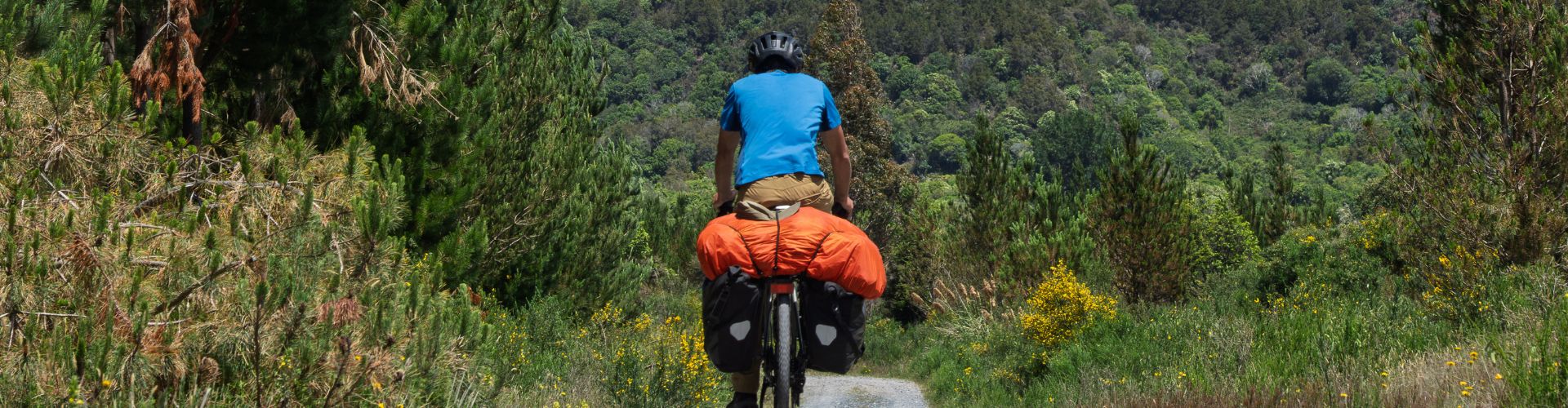 Cycliste en sortie bikepacking habillés en maillots de vélo et avec sacoches vélo