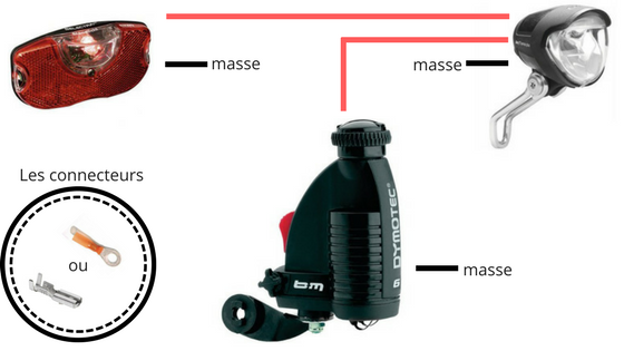 Schéma alimentation d'une dynamo vélo bouteille du feu avant et arrière